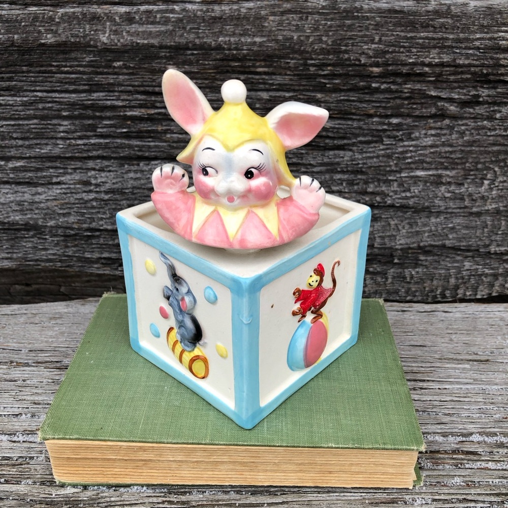 Vintage Jack In the Box Nursery planter Vtg Baby room decor Nodder Pastel circus